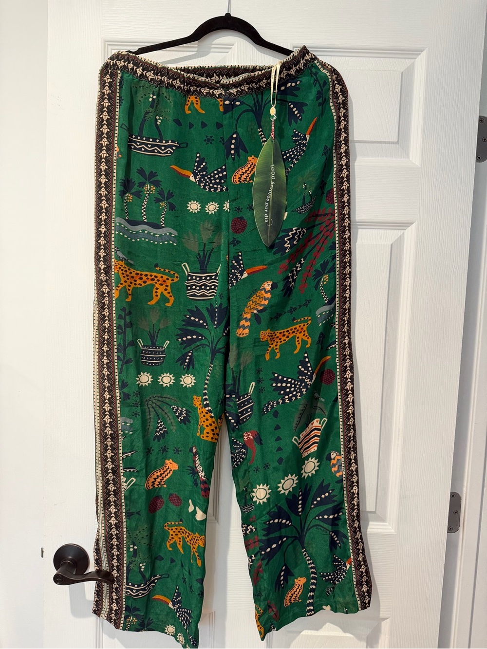 FARM Rio Green Botanical & Animal Print Wide-Leg Pants